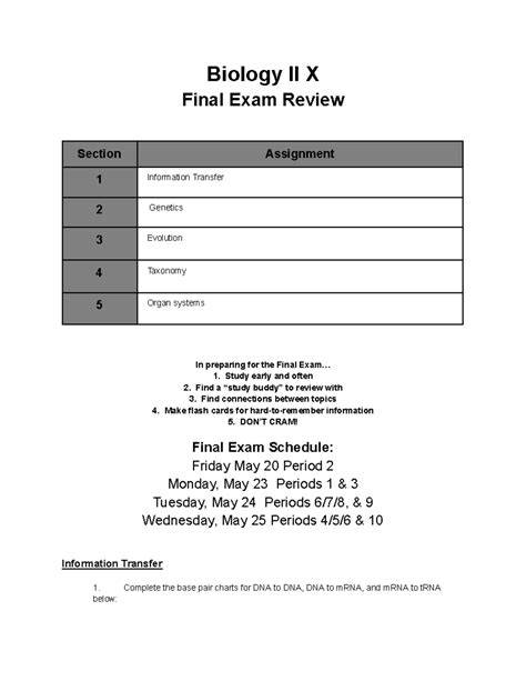 biology second semester final exam review answers