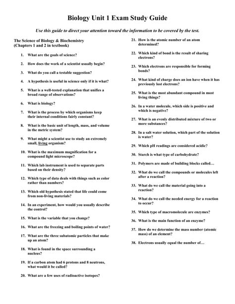 Biology Unit 1 Study Guide
