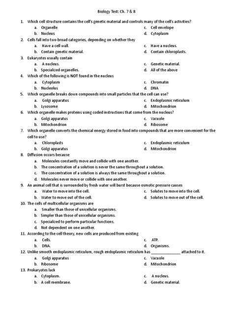 Biology Unit 4 Test Answer Key