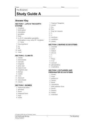 Biosphere Study Guide Answer Key