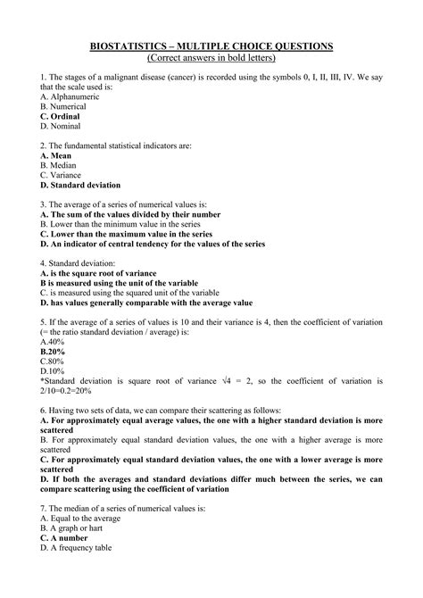 biostatistics multiple choice questions correct answers