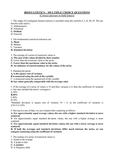 Download Biostatistics Multiple Choice Questions And Answers 
