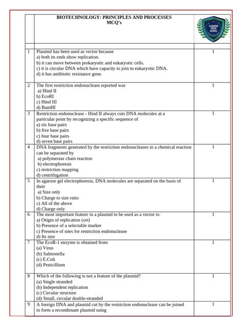 Biotechnology Principles And Processes Mcq