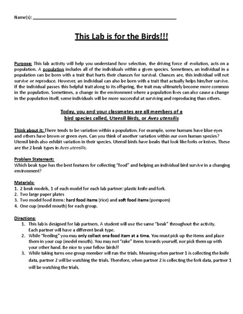 birds and beaks lab answer key