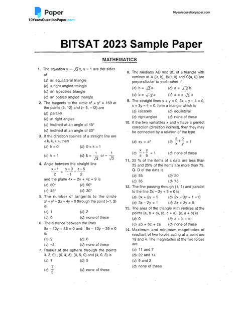 Download Bitsat Sample Papers 