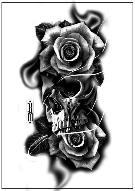 Black And Grey Skull And Rose Tattoos