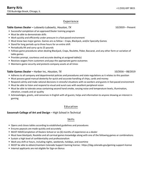 blackjack dealer job description for resume