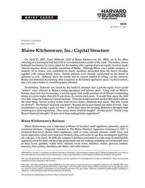 Blaine Kitchenware Inc Capital Structure Case Study