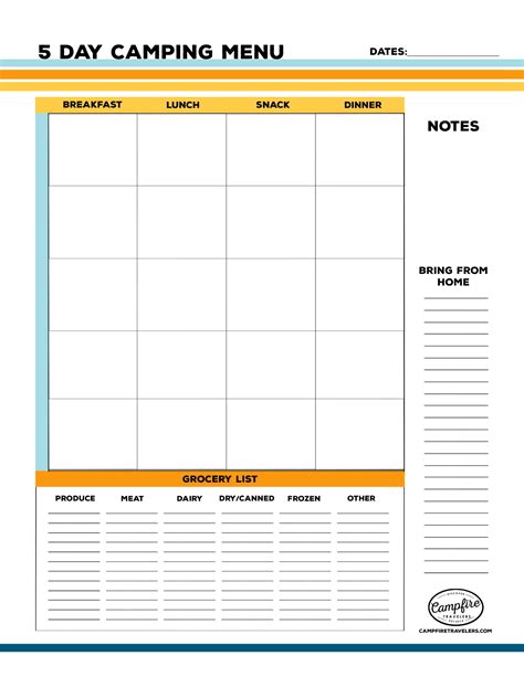 Blank 5 Day Menu Template
