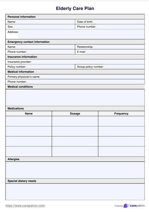 blank care plan template elderly