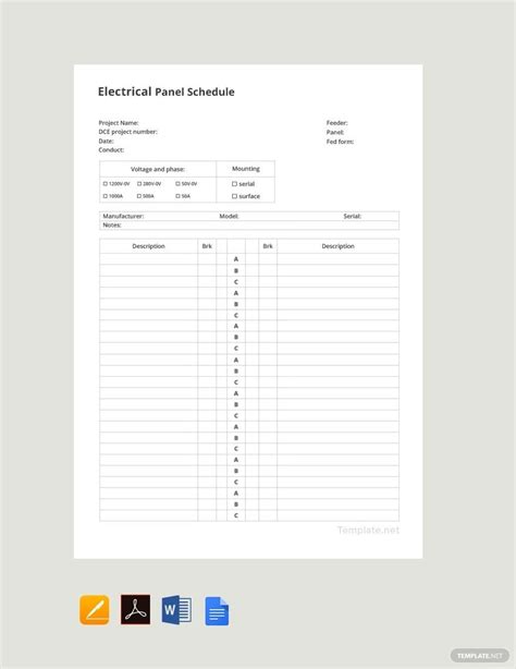 blank electrical panel schedule template