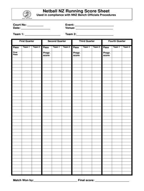 Blank Netball Score Sheet Template