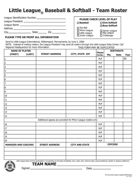 Blank Softball Roster Sheets