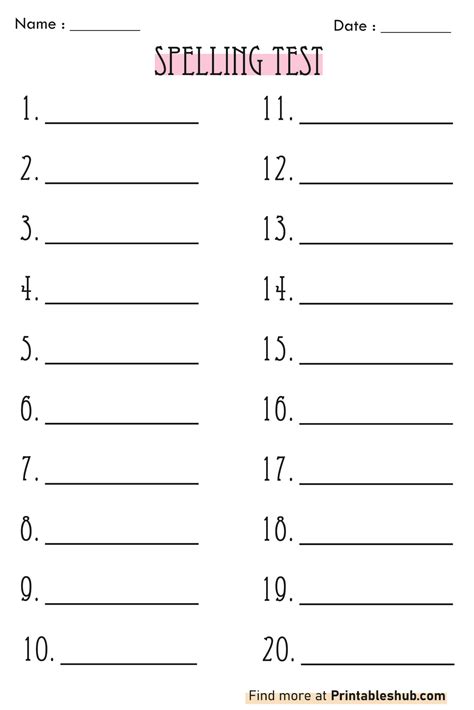 Blank Spelling Test Sheet 20 Words