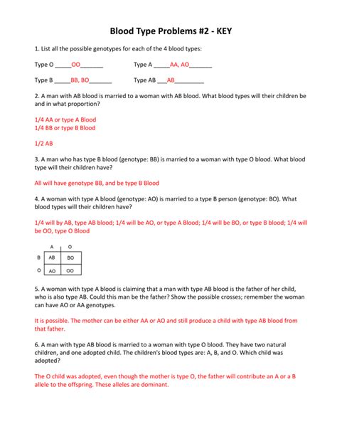 Blood Type Problems Worksheet With Answer Key Formsbank Blood Type Worksheet Answers - Blood Type Worksheet Answers