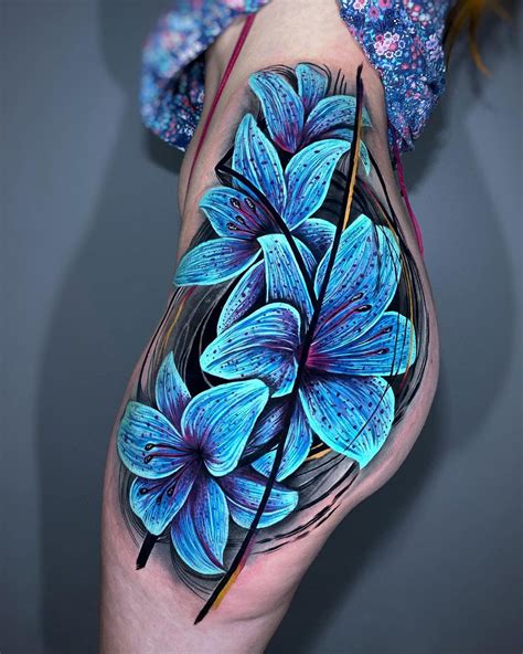 Blue Lily Flowers Thigh Tattoo Tattoos Of Flowers On Thigh - Tattoos Of Flowers On Thigh