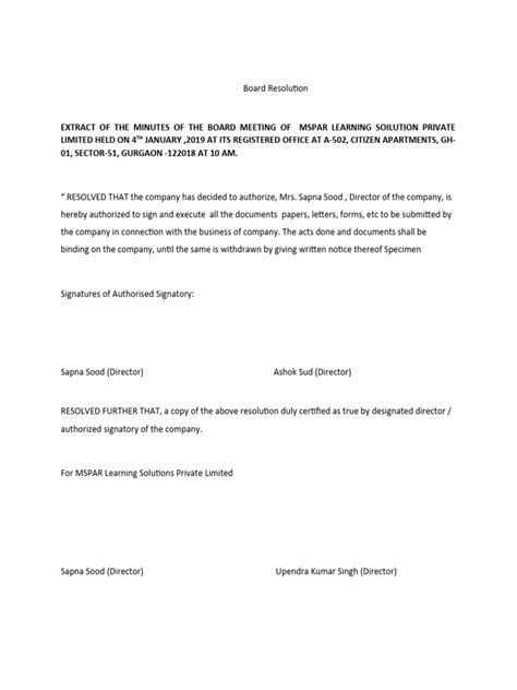 Board Resolution Authorized Signatory