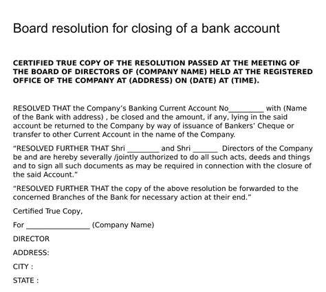 board resolution closing of bank account