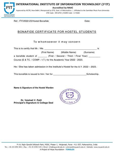 Bonafide Certificate Format Hostel