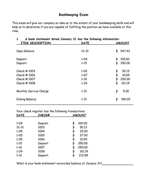 Bookkeeper Exam Practice Test