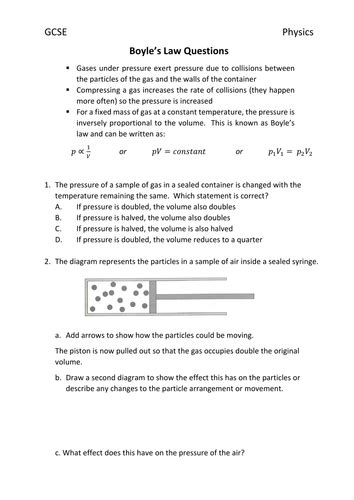 Boyleu0027s Law Questions For Gcse Teaching Resources Boyle S Law Worksheet With Answers - Boyle's Law Worksheet With Answers