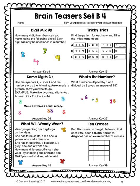 Brain Teasers 5th Grade Teaching Resources Teachers Pay Brain Teasers Worksheet 5th Grade - Brain Teasers Worksheet 5th Grade