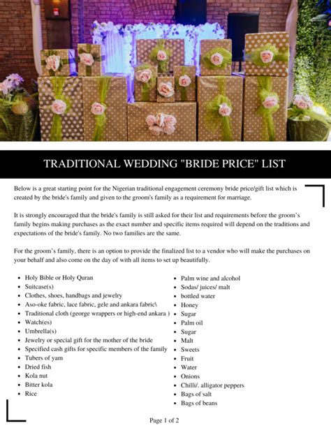 Bride Price List