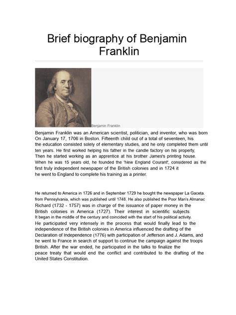 brief biography of benjamin franklin