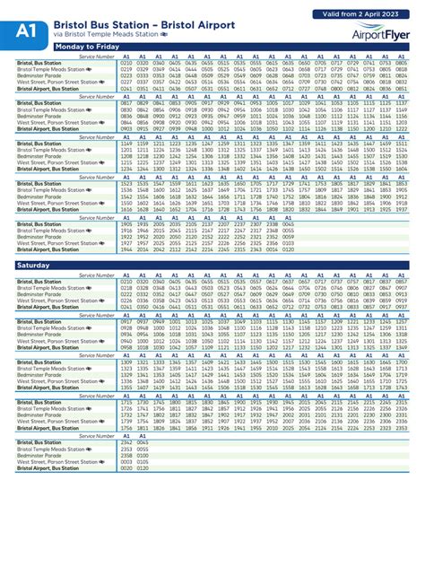 Bristol Flyer Timetable