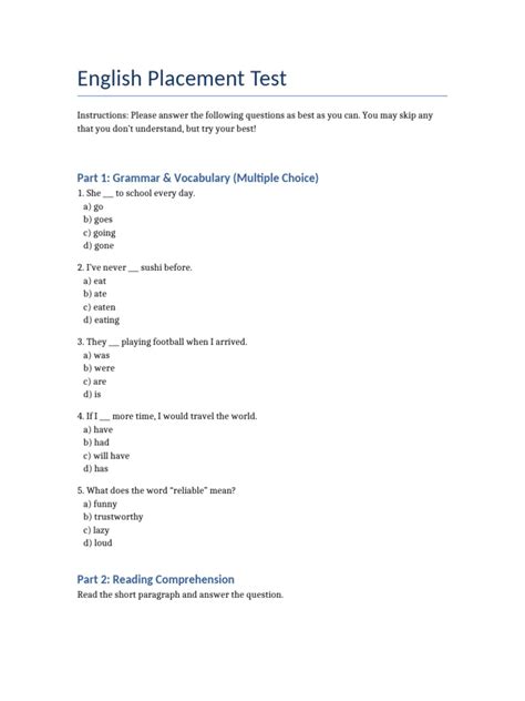 British Council Placement Test Sample Paper