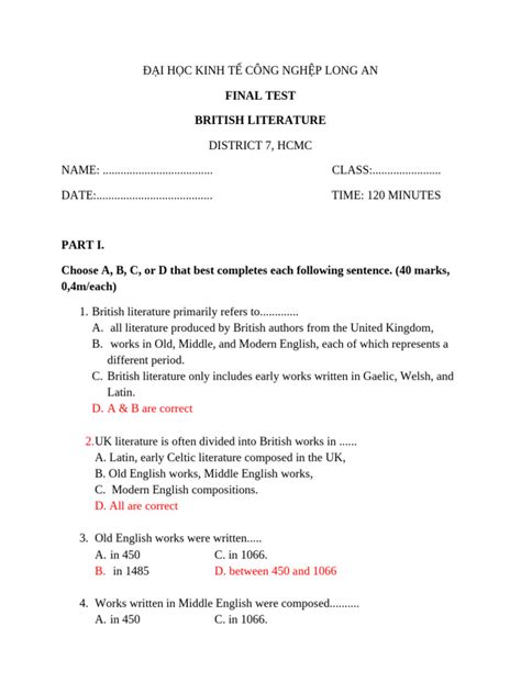 British Literature Selection Test Answer Key