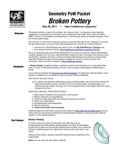 broken pottery teacher packet math forum