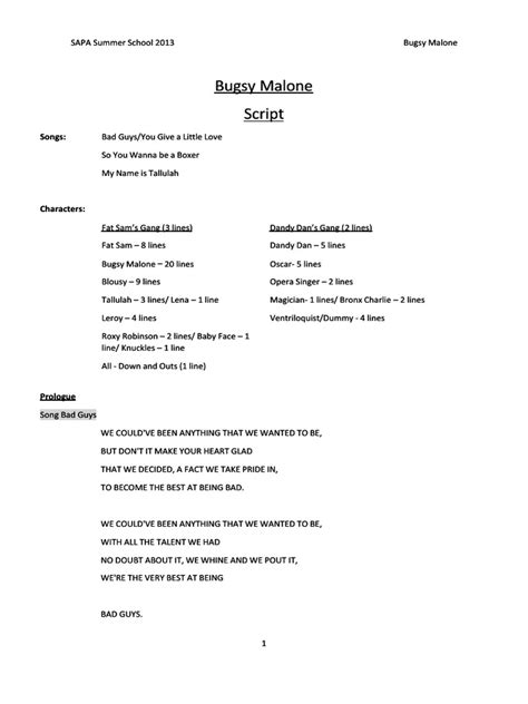 Bugsy Malone Play Script