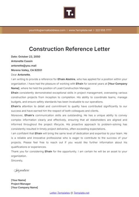 Building Contractors Reference Letter Template