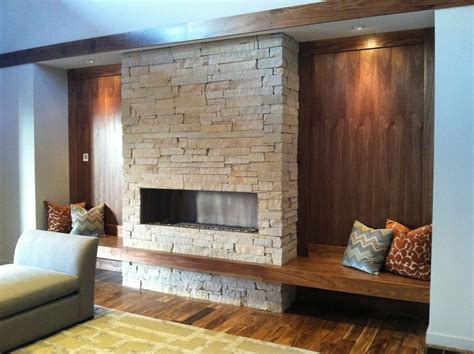 built in bench next to fireplace