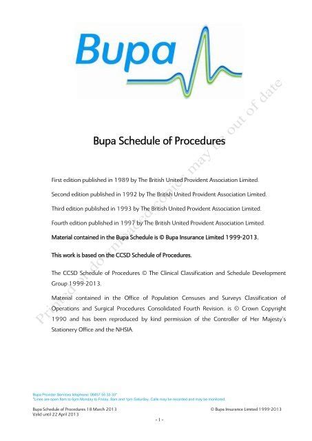 Bupa Schedule Of Procedures