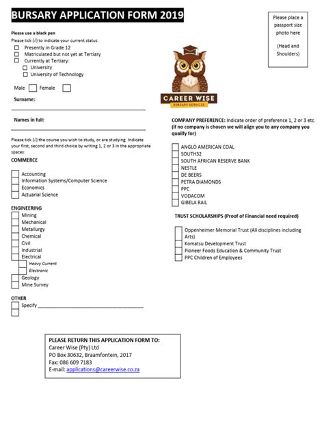 bursary application form career wise