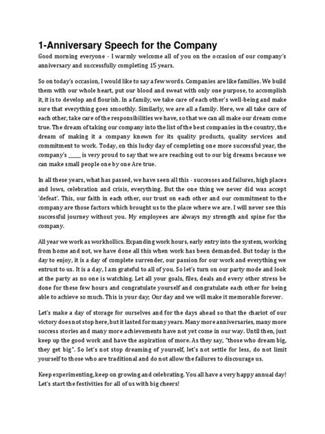 Business Anniversary Speech Example