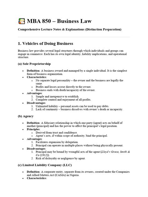business law notes for mba