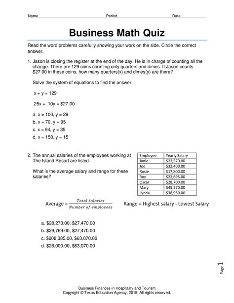 business math problems and answers