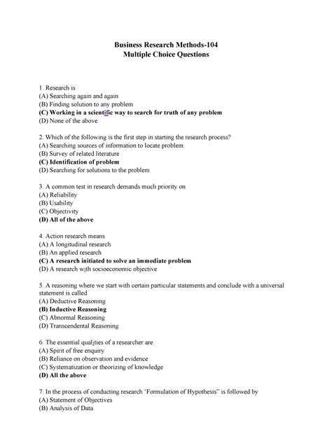 Business Research Methods Multiple Choice Questions And Answers