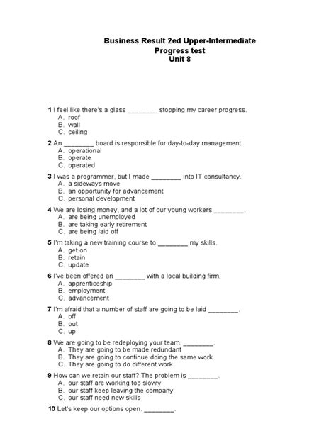 Business Result Intermediate Progress Test Answer Key