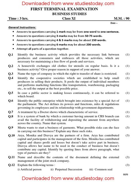 Download Business Studies Question Paper Grade11 June Exam 
