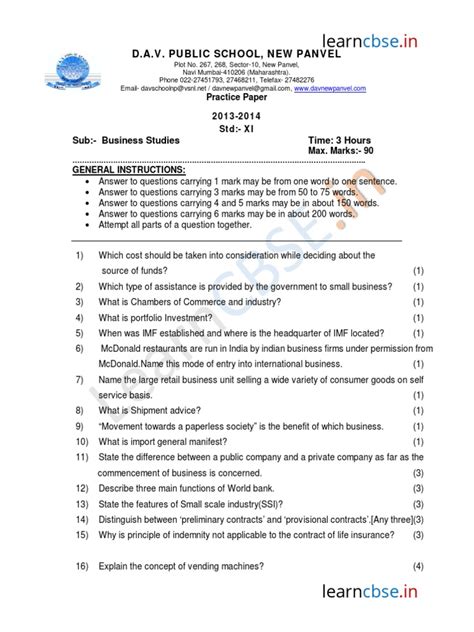 Full Download Business Studies Sample Paper 2014 