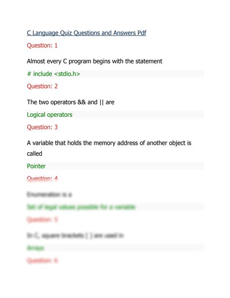 c language quiz questions with answers