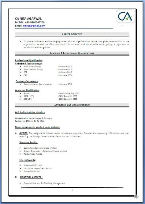 Ca Fresher Resume