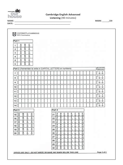cae listening sample answer sheet