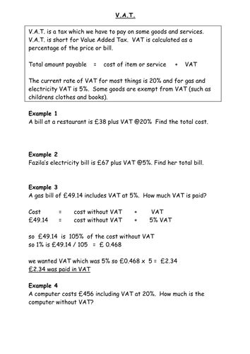 calculating VAT worksheets