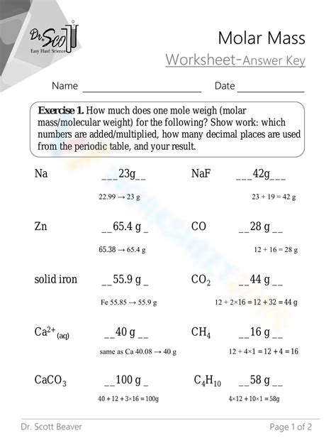 calculating molar mass worksheet with answers