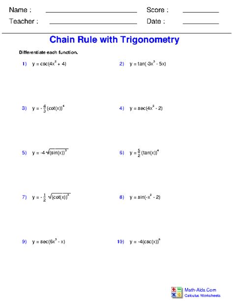 Calculus Worksheets Chain Rule With Trigonometry Worksheets Chain Rule Worksheet With Answers - Chain Rule Worksheet With Answers